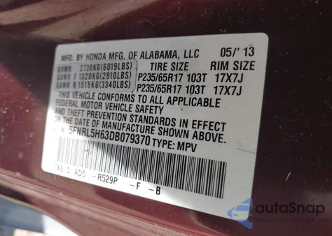 2013 Honda Odyssey Ex-L z USA, uszkodzony, nr VIN 5FNRL5H63DB079370